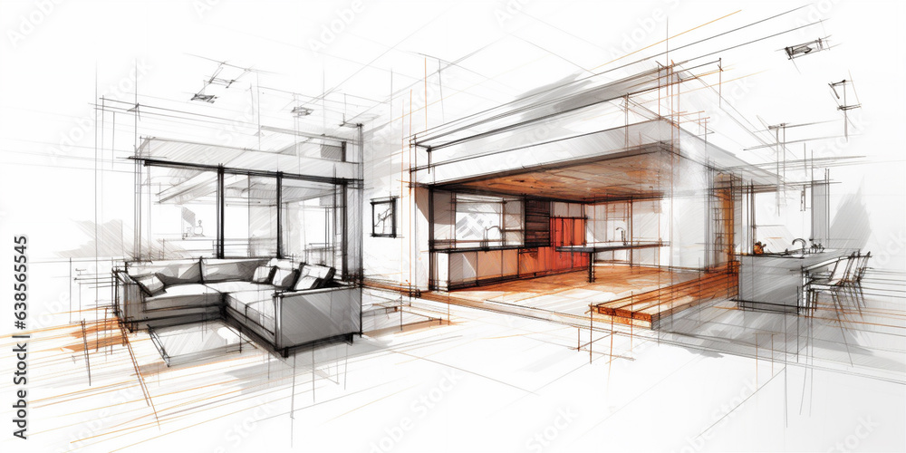 sketch drawing of live wire frame abstract house interior. Generative AI