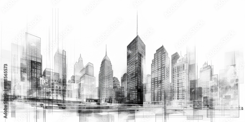 sketch drawing of live wire frame abstract exterior high skyscrapers. Generative AI