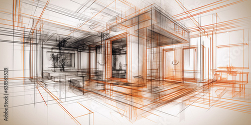 sketch drawing of live wire frame abstract house interior. 