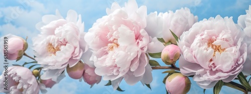 Pink peonies on blue background Generative AI.