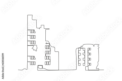 Buildings collapsed in the earthquake. Earthquake one-line drawing photo