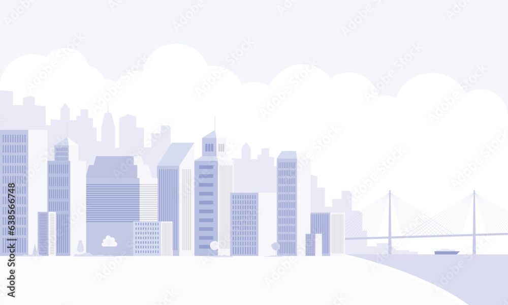 Gray monochromatic cityscape background with a bridge. City buildings with trees beside the sea. Urban landscape with modern architectural panorama. Flat-style vector illustration