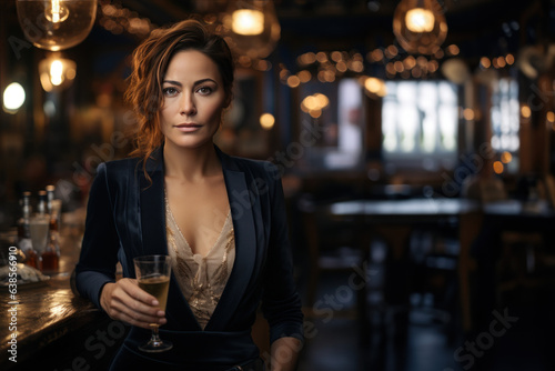 Femme de 40-50 ans en tenue de soir  e debout dans un bar brasserie lors d un cocktail  tenant dans la main une coupe de champagne  arri  re plan flou de l int  rieur du bar