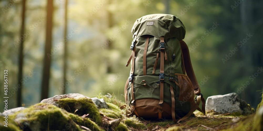 travel backpack on blurred amazing wild nature background. Generative AI