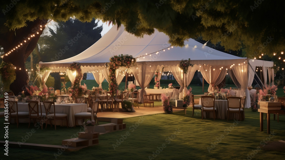 Namiot weselny w ogrodzie nocą - ślub w plenerze pod namiotami. Stoliki nakryte i udekorowane kwiatami czekają na gości - obrazy, fototapety, plakaty 
