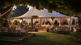Namiot weselny w ogrodzie nocą - ślub w plenerze pod namiotami. Stoliki nakryte i udekorowane kwiatami czekają na gości