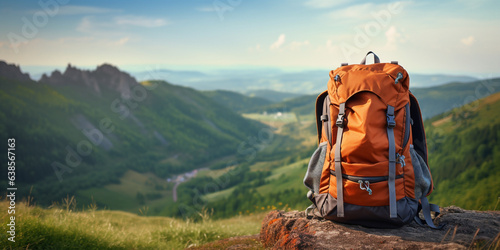 travel backpack on blurred amazing wild nature background.  