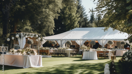 Stoły weselne pod namiotami w ogrodzie - ślub przygotowany w plenerze. Dekoracje florystyczne i nakrycia stołów - inspiracja