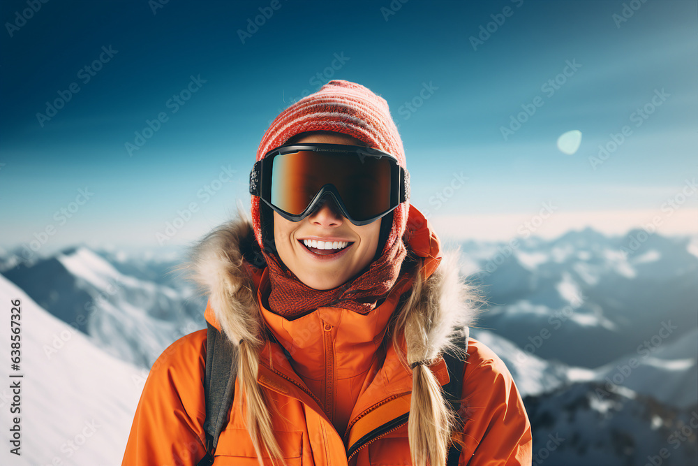 Generative AI photography of happy girl wear sunglasses spending weekend at ski resort winter holiday concept Generative AI photography of happy girl wear sunglasses spending weekend at ski resort winter holiday concept