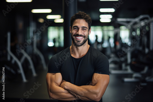Portrait of happy handsome man professional trainer in a sport gym healthy lifestyle and generative AI concept