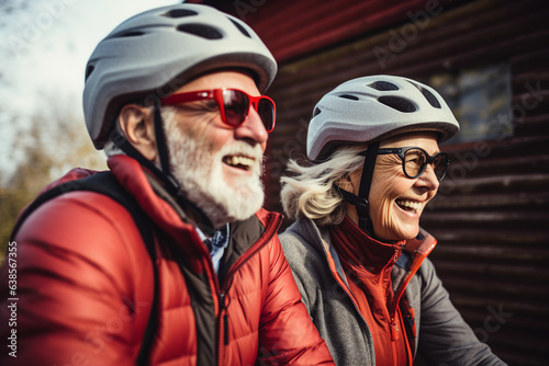 Generative AI photo of retired funny people in protective helmets riding bike together walking park exploring city outdoors
