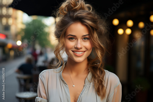 Generative AI picture of young attractive woman in the city lights backdrop