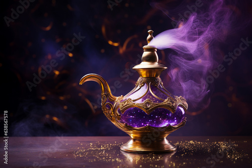 Generative ai collage image picture of magical lamp with wishes appearing genie out bottle
