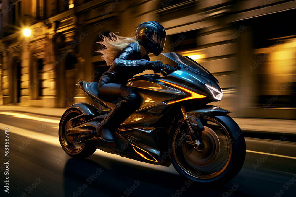 Generative AI portrait of young woman driving motorbike at high speed in neon dark light city