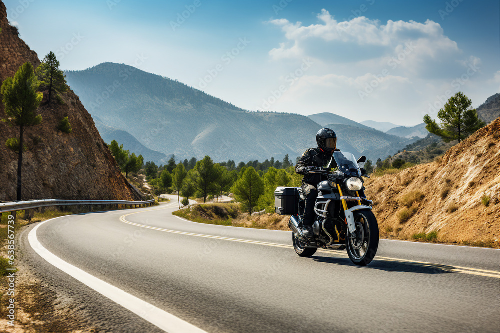 Generative AI picture of tourist exploring nature driving his motorcycle on road sunny day Generative AI picture of tourist exploring nature driving his motorcycle on road sunny day