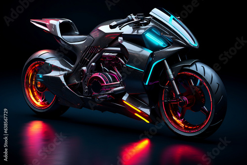 Generative AI futuristic image of motorbike illuminated by glowing neon lights isolated on dark background