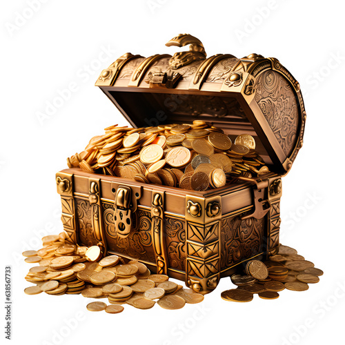 treasure box filled with gold isolated on transparent background ,gold treasure box ,generative ai photo