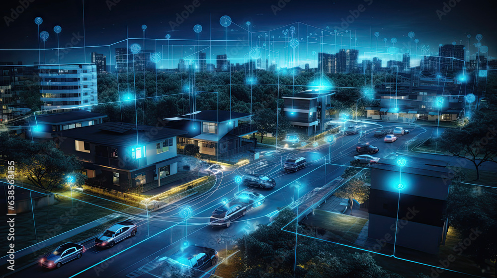 digital suburban community, smart homes, night, data transactions