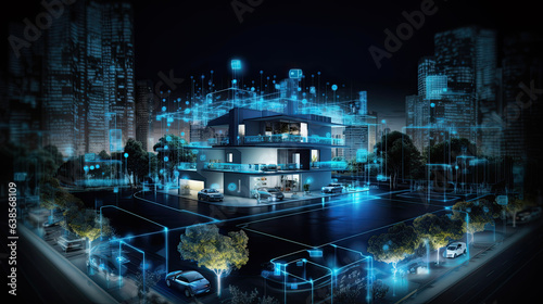 digital neighborhood, smart homes, night, data transactions, electric vehicles