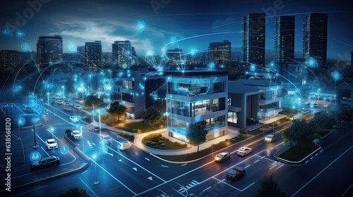 digital suburban community, smart homes, night, data transactions, electric vehicles