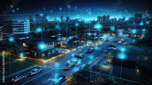 digital suburban community, smart homes, night, data transactions © Travis