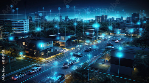 digital suburban community, smart homes, night, data transactions