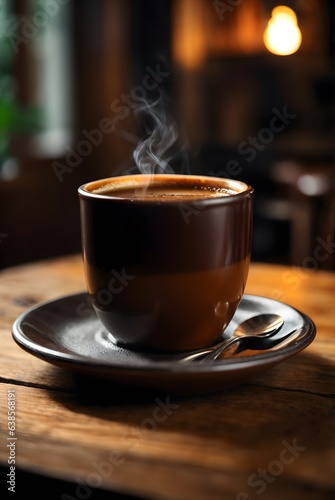 photo of a cup coffee on wooden table cafe background