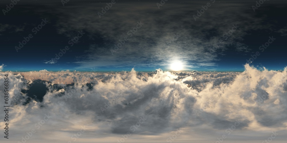 Obraz premium Panorama of clouds, HDRI, environment map , Round panorama, spherical panorama, equidistant projection, panorama 360, flying above the clouds,sky above the clouds, 3D rendering