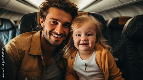 Generative AI, a family with a child flies on vacation on an airplane, traveling with children, air transport, parents and children, passenger seats, aircraft cabin, father and baby, kid, daughter
