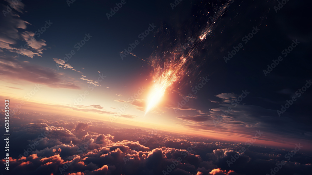 A fiery meteor streaks across the sky. A breathtaking fireball falling from the heavens, leaving a mesmerizing trail in its wake. Phenomenon in the night sky.