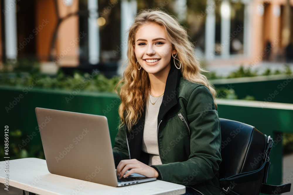 Happy young smiling student woman using laptop sitting in university campus. Generative AI Happy young smiling student woman using laptop sitting in university campus. Generative AI