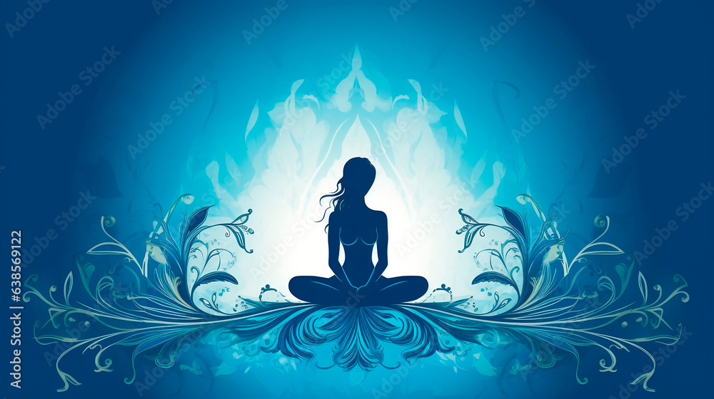 Beautiful girl in the lotus position on a blue background.