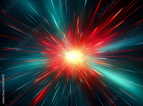 Blue, red and green burst background. Red and blue color burs moving at lightspeed in space. burst of rays of light with colors, speed, and motion. 