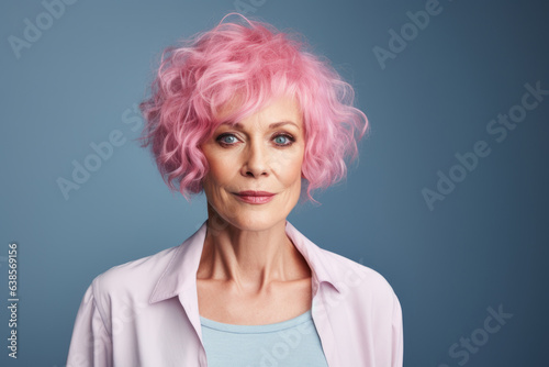 Beautiful stylish elderly woman with short pink hair on blue trendy background Generative AI..