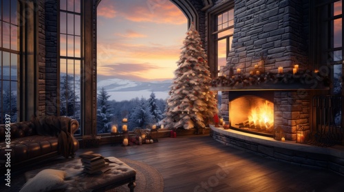 Interior of cozy living room in rustic cottage with Christmas decoration. Blazing fireplace, garlands and candles, elegant Christmas tree, panoramic windows with stunning forest and mountains view.