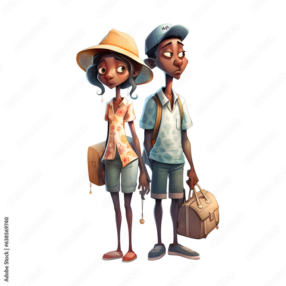 Cute African American boy and girl with backpack and hat. Vector illustration