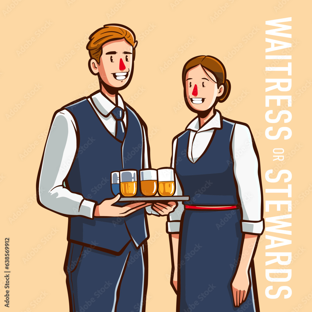 vector people with job waitress or stewards in hand drawn style vector people with job waitress or stewards in hand drawn style