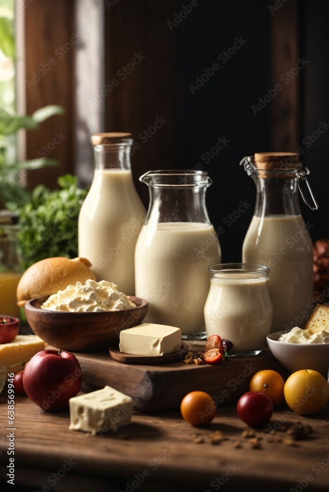 photo variety of dairy products on wooden table photo variety of dairy products on wooden table