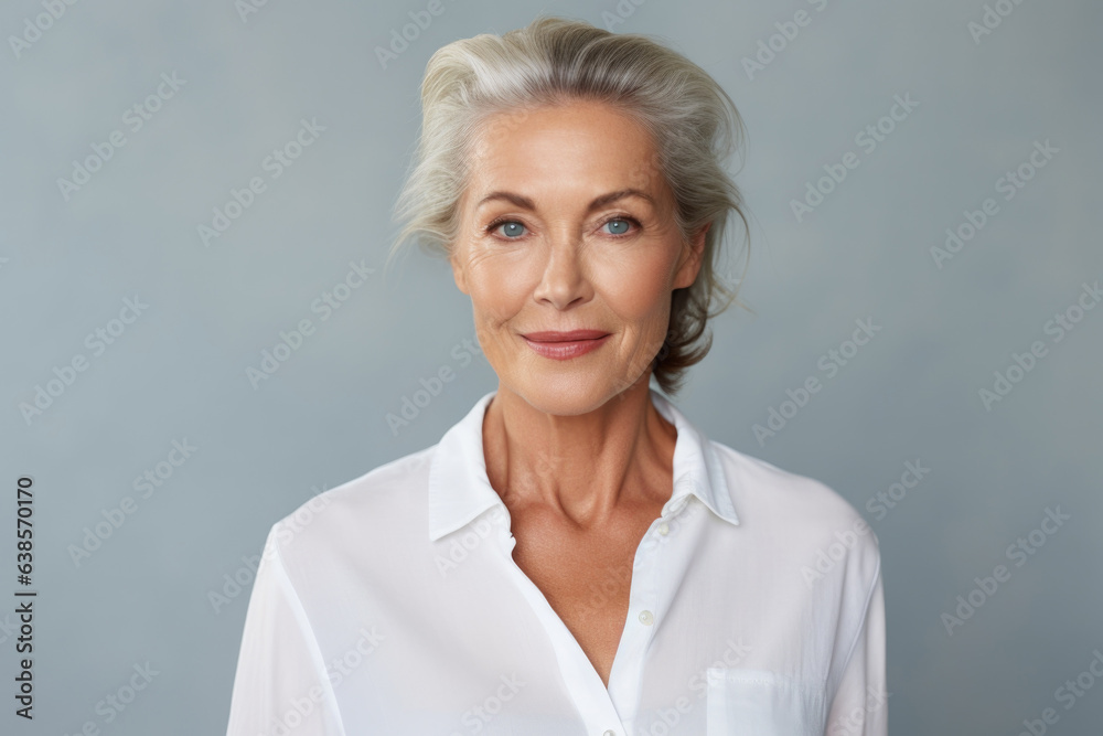Beautiful stylish elderly woman with short grey hair on blue trendy background
