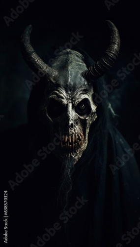 angel of death with evil looking expression and long demonic horns. 
