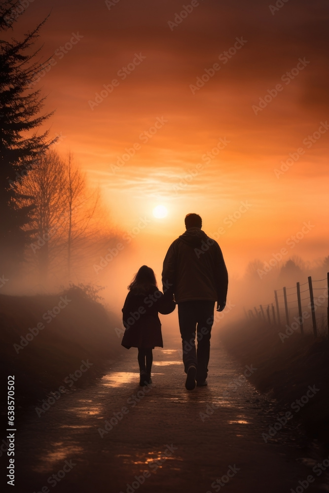a loving father and child walking down a rural road.  back view, rear view, full view.