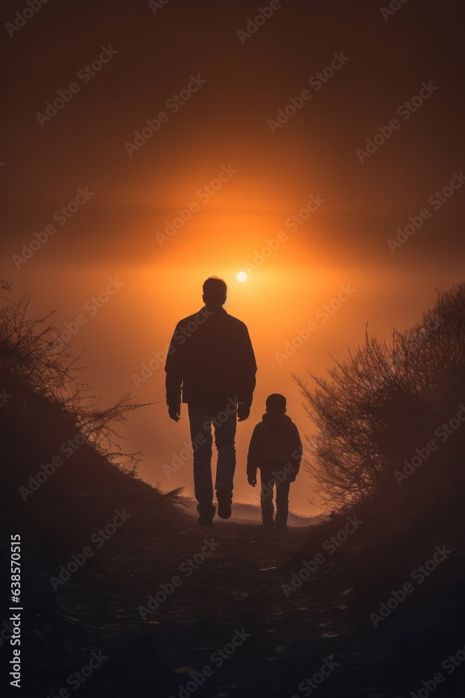 a child and his single father walking down a road at sunset. back view, rear view, full view.