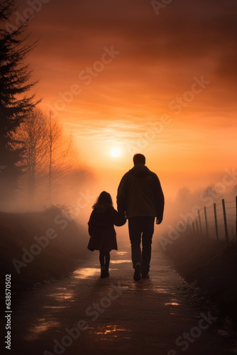 a loving father and child walking down a rural road. back view, rear view, full view.