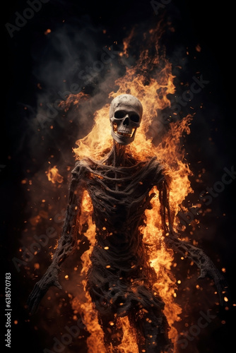 portrait of a skeleton burning in fire and embers. smoke and ashes. black background.  photo