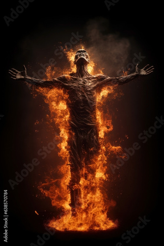 a flesh and bones figure burning in the fires of hell. Halloween horror concept.  photo