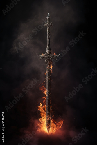Canvastavla a flaming medieval long sword set against a dark smokey background