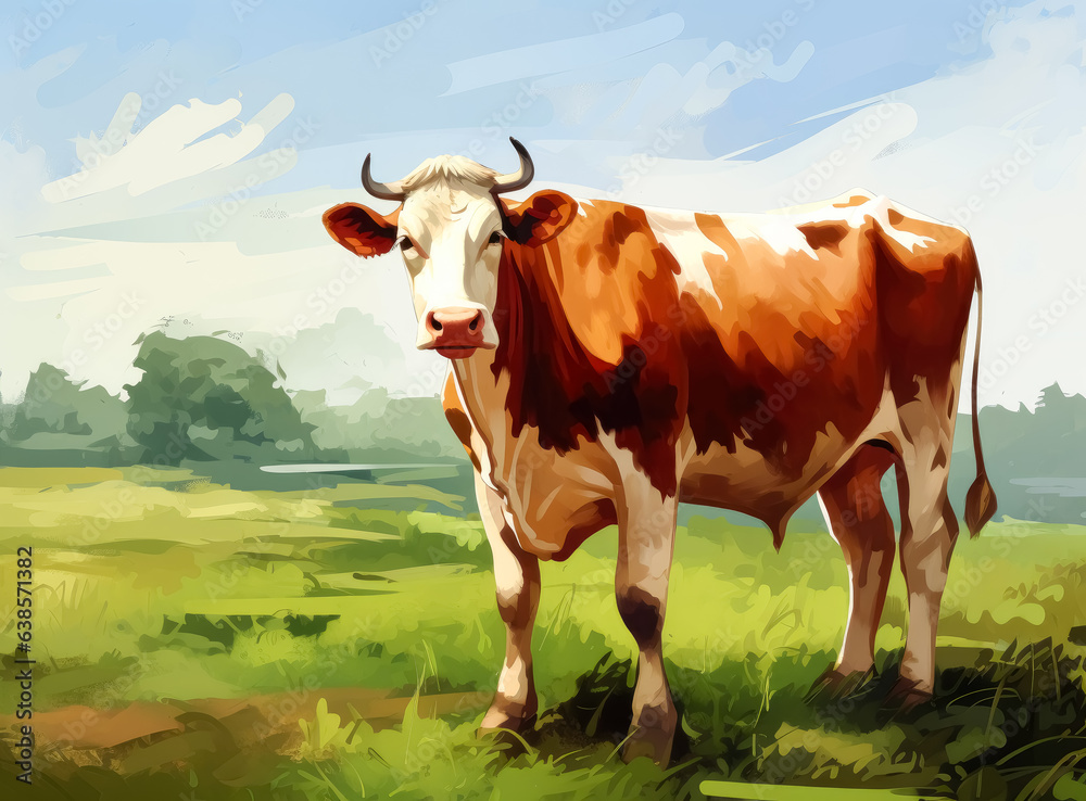 Beautiful brown and white cow standing on a green field of grass.