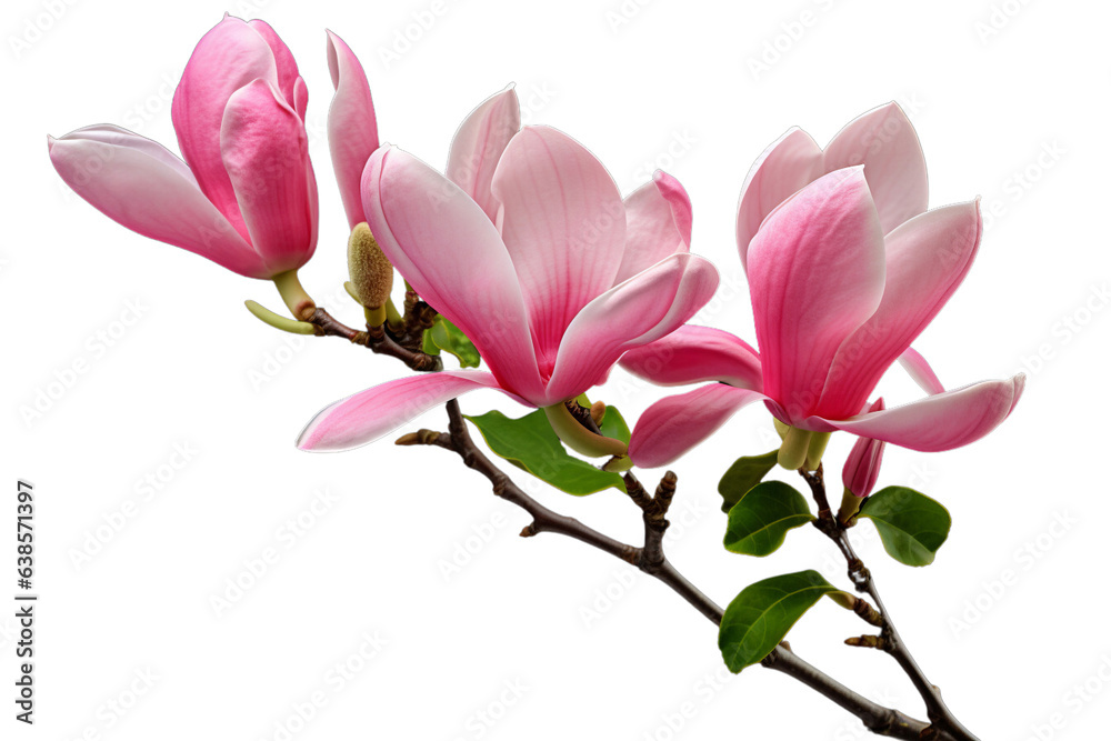 Pink bloom flowers on a branch with leaves isolated on transparent background PNG