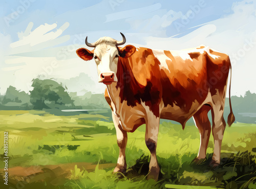 Beautiful brown and white cow standing on a green field of grass.