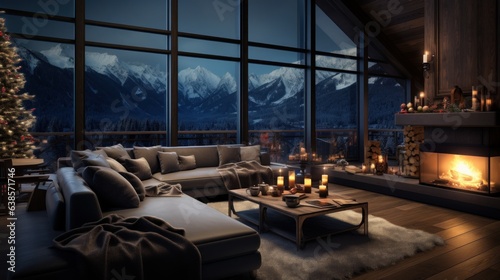 Interior of cozy living room in modern minimalist cottage with Christmas decoration. Blazing hearth, burning candles, elegant Christmas tree, comfortable sofa, panoramic window with mountains view.
